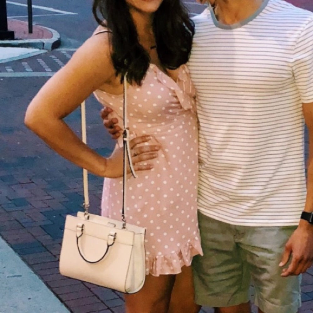 Light pink polka dot/striped mini dress w ruffles